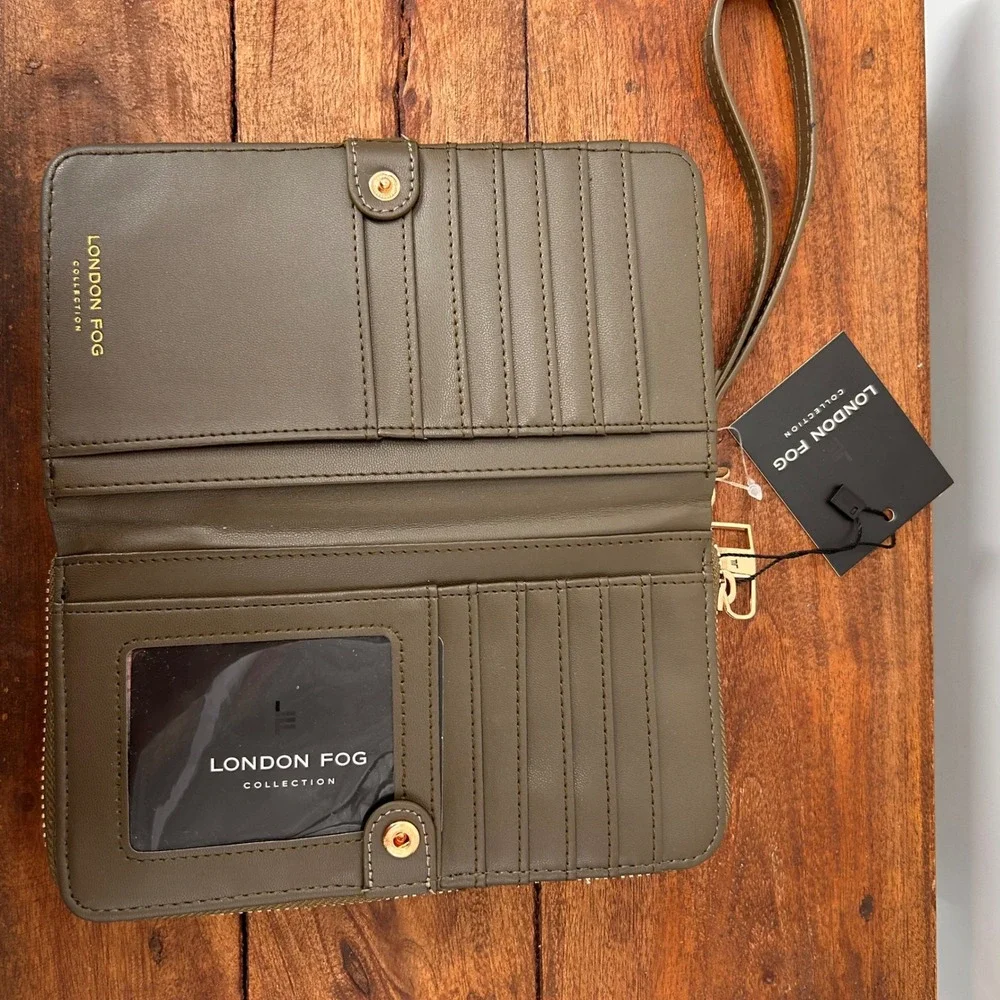London Fog Collection Olive Green Wristlet Wallet Gold Tone Hardware NWT